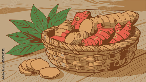 Ginger in Wicker Basket Kitchen Still Life Vector Illustration
