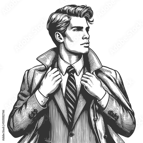 confident young businessman in a suit, featuring stylish hair and a serious expression sketch engraving generative ai fictional character vector illustration. Scratch board. Black and white image.