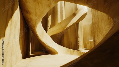 Sunlit, organic wooden structure with curving, interconnecting passageways and textured surfaces