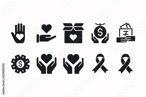 Charity icons set, showing support and donation.