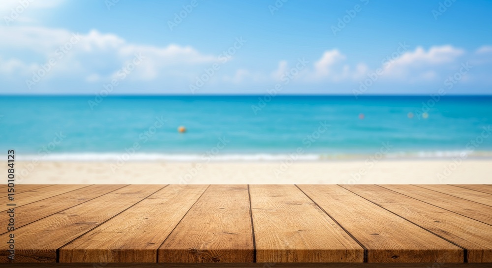 Fototapeta premium Photo Empty Wooden Table with Blurred Tropical Beach Ocean Background