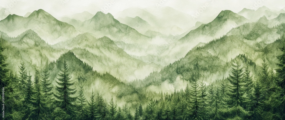 Fototapeta premium Watercolor landscape of dark green forest and layer mountains wild nature park hand paint. 
