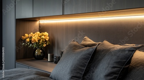 Modern bedroom niche with integrated LED lighting, showcasing dark grey textiles and a flower arrangement