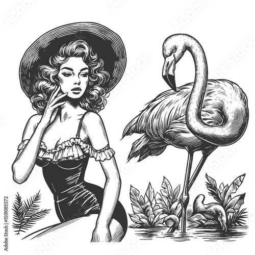 glamorous woman in retro swimwear confidently posing with a flamingo by her side sketch engraving generative ai fictional character vector illustration. Scratch board imitation. Black and white image.