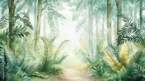 Tropical forest pathway watercolor illustration