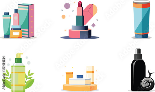 White cosmetic bottles on beige background, Product branding mockup, Natural beauty product concept, Copy space
