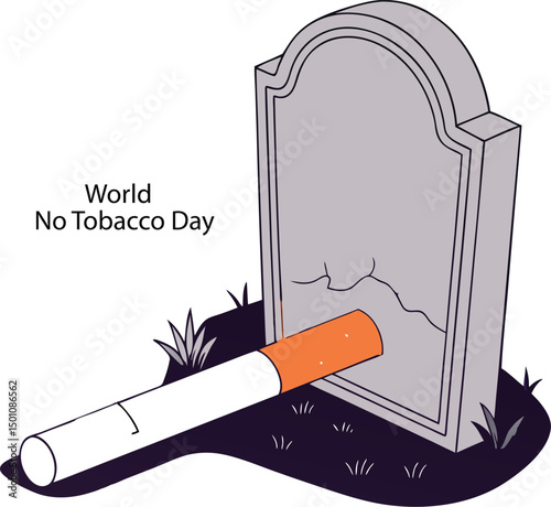 Vector Illustration of a Smoking Cigarette on a Gravestone with Dark Background and Ash – Symbolic Art for World No Tobacco Day Raising Awareness of Smoking Dangers