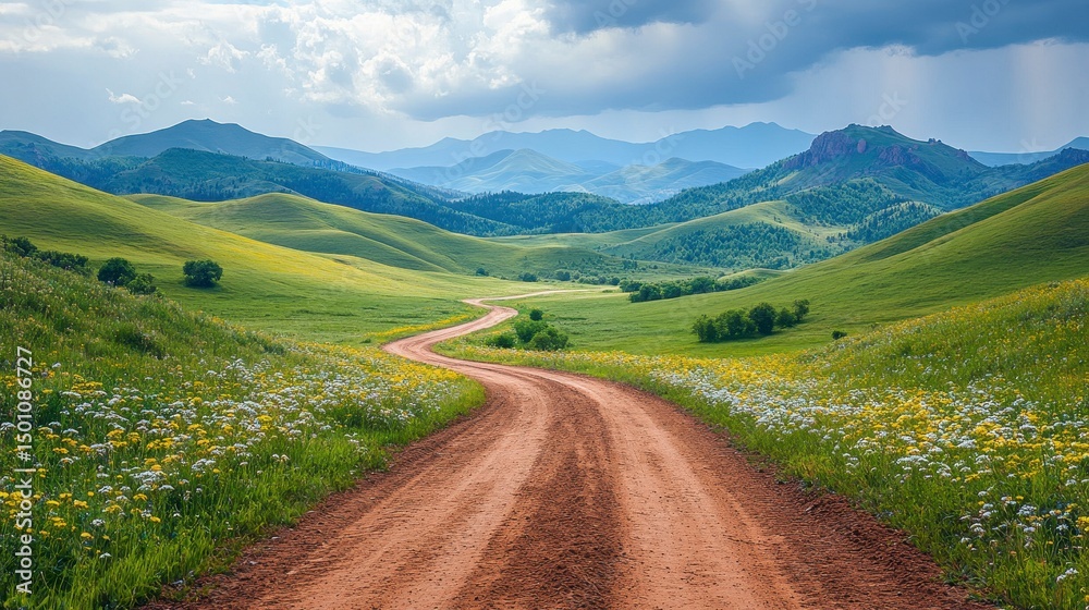Dirt road winds through grassy hills towards mountains beneath a cloudy sky Dirt road winds through grassy hills towards mountains beneath a cloudy sky
