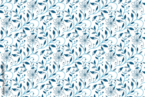 seamless blue cotton flower motif, line drawn floral textile design, repeat pattern for tablecloth, tote bag and kitchen wear

