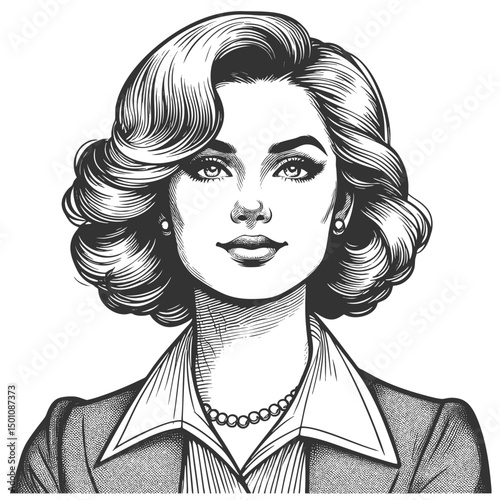businesswoman with voluminous curly hair wearing a formal suit and blouse sketch engraving generative ai fictional character vector illustration. Scratch board imitation. Black and white image.