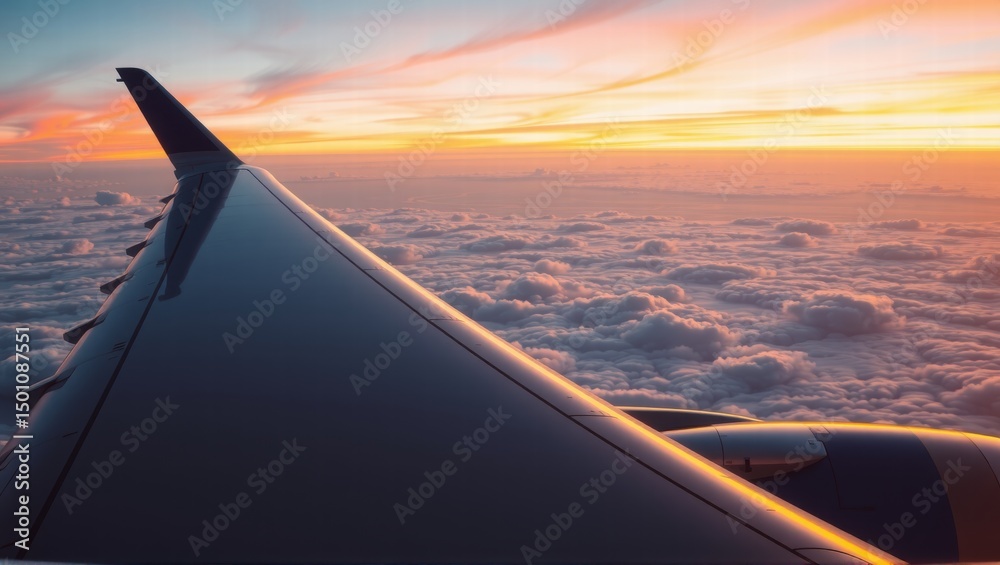 A stunning view of a sunset from an airplane window, with vibrant pink and orange hues illuminating the clouds below. Generative, AI, A stunning view of a sunset from an airplane window, with vibrant pink and orange hues illuminating the clouds below. Generative, AI,