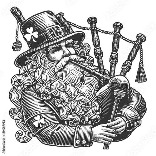 leprechaun with a long beard, top hat, and bagpipes, evoking Irish culture sketch engraving generative ai fictional character vector illustration. Scratch board imitation. Black and white image.