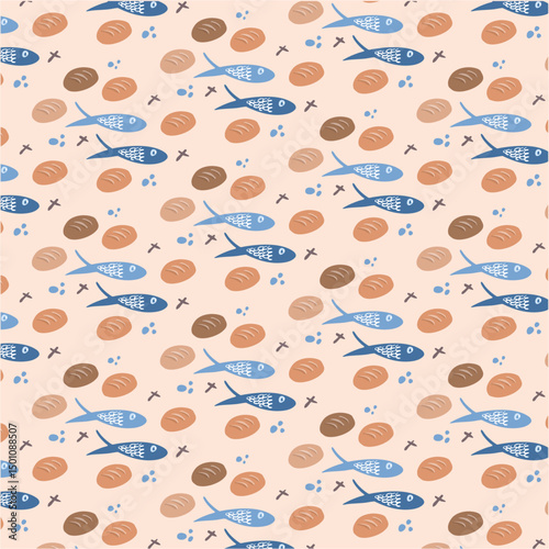 Five loaves or bread and two fish illustration. Vector symbol, Ichtus pattern for background. Christian pattern. Symbolizes sharing, miracle of Jesus.