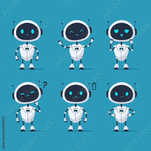 Set of cute robot character with different emotions happy, sad, angry, confused, in love, and low battery. Vector illustration, perfect for apps, games, tech and educational projects