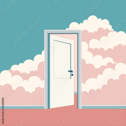 White Door Opening into a Sky of Pink Clouds – Surreal Dreamlike Scene