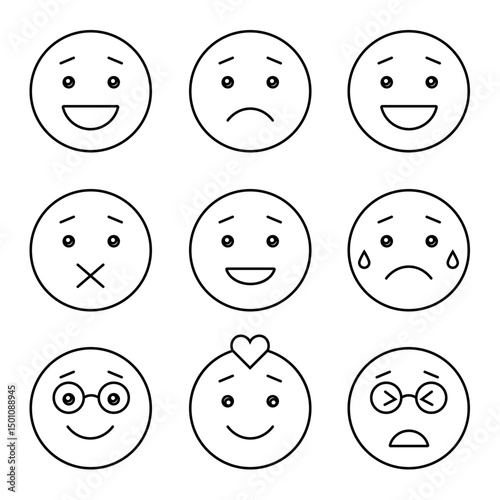 Emotion Faces Icon Set – Expressive Line Art of Various Human Emotions
