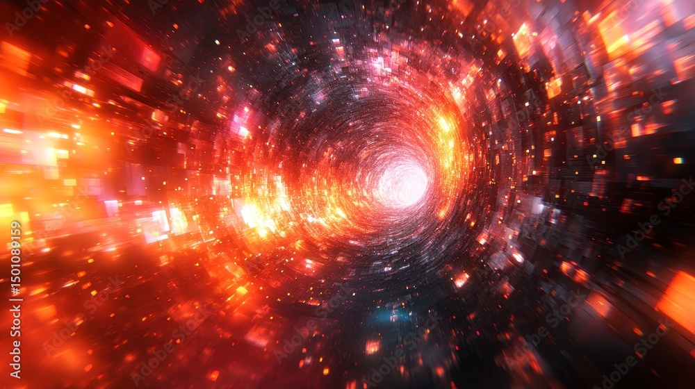 Obraz premium Glowing abstract vortex of vibrant red and black with square fragments