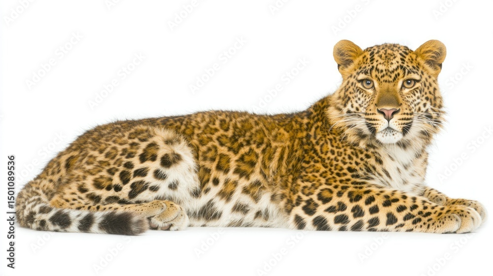 Obraz premium Leopard lying down isolated against a white background in a studio shot