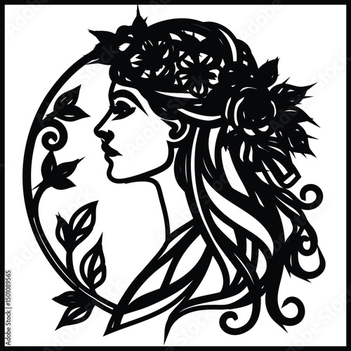 Vector illustration of a beautiful girl with a lion tattoo, showcasing her profile, long hair, and glamorous style