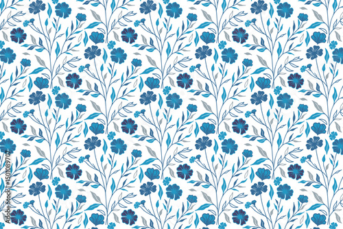 blue floral textile pattern design, cotton flower seamless outline, line sketch artwork for fashion, wrapping and upholstery

