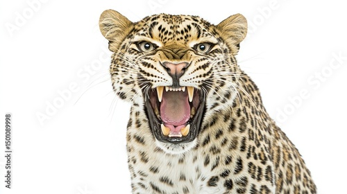 Powerful close-up captures the intense roaring of a spotted leopard against white backdrop