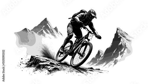 Ink-style mountain bike illustration with cyclist speeding down a hill, surrounded by mountains. Ideal for adventure and sports visuals