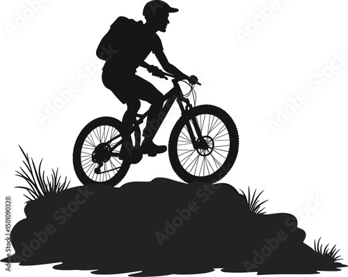 Silhouette of mountain biker on rocky hilltop with grass detail. Perfect for outdoor, nature, and sports vector graphics
