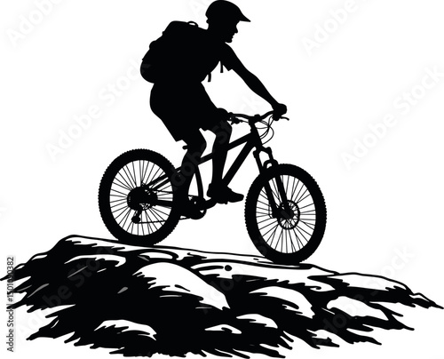 Silhouette of mountain biker riding on rocky surface. Ideal for adventure, biking, or sports themes
