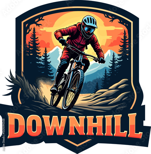 Stylized biker with red outfit in mountain forest trail, framed by sunset and “DOWNHILL” text. Perfect for poster and label use