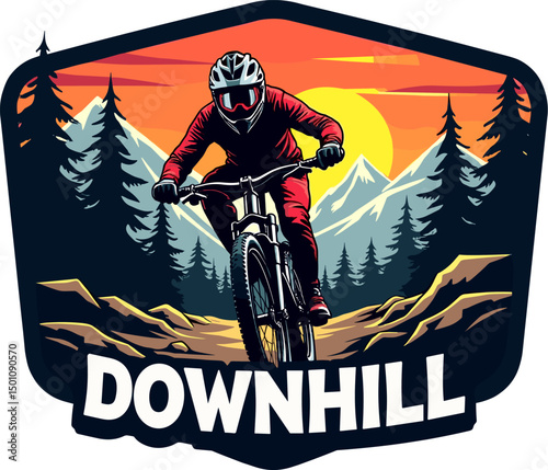 Downhill mountain biker in red riding toward viewer at sunset. Forest background with “DOWNHILL” badge design