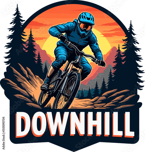 Stylized downhill biker racing through rocky trail at sunset with bold "DOWNHILL" text. Perfect for posters and extreme sports graphics