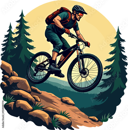 Mountain biker mid-air over forest trail curve at sunset. Ideal for sports illustrations, posters, and adventure designs