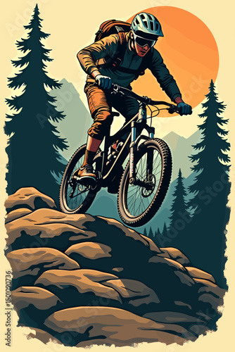 Mountain biker descending rocky path with sunset and pine trees in the background. Ideal for adventure, downhill, and outdoor sports designs