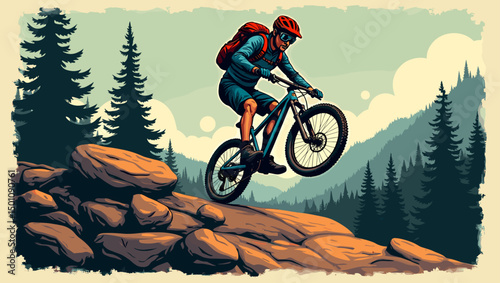 Mountain biker jumping over rocks on forest trail. Perfect for extreme biking, sports poster, or outdoor adventure design