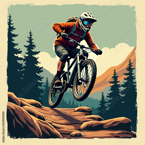 Mountain biker in mid-jump over rocky terrain with pine forest and peaks. Perfect for extreme sports and active outdoor visuals