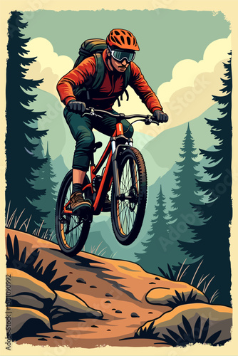 Mountain biker riding downhill on a rocky trail with pine forest and cloudy sky. Ideal for sport, adventure, and exploration visuals