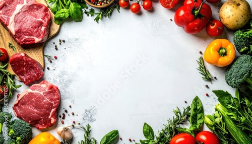 Fresh meat and produce frame a blank space on a light background, suggesting healthy cooking or meal prep