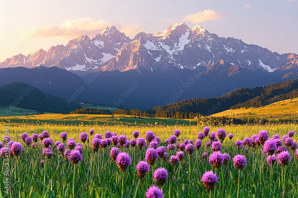 Fototapeta premium Picturesque mountain vista with wildflowers in bloom.