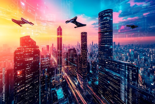 Wallpaper Mural A stunning futuristic cityscape at dusk featuring metallic skyscrapers with reflective surfaces, flying cars zooming between buildings, and a vibrant neon-lit sunset sky. Rendered in a cyberpunk style Torontodigital.ca