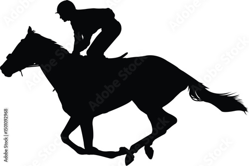 Shadow Horse Racing: A silhouette of a jockey in motion, astride a galloping horse, captured in dynamic black and white, evokes the thrill of equestrian competition.