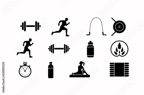 A collection of black silhouette icons representing various fitness activities.