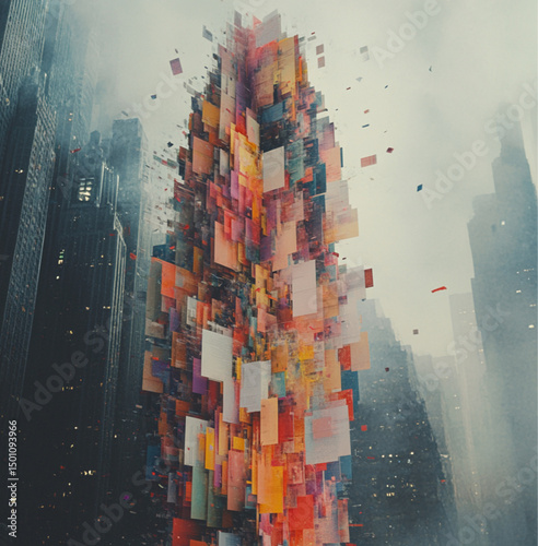 A long modular patch cable looks like skyscraper base made of real concrete, but it transforms into colorful paper layers as it rises upward, eventually dissolving into flying clippings, cinematic dar photo