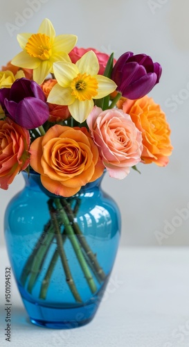 Photo of a Floral Bouquet in a Blue Glass Vase with Colorful Blossoms