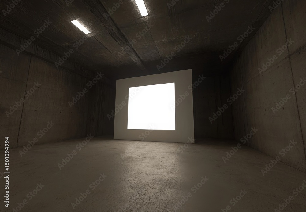 Fototapeta premium The concept features a glowing digital presentation on a black blank concrete wall with a white interior, set against a dark 3D rendering mockup of a hall, complete with a lighted floor and a racked