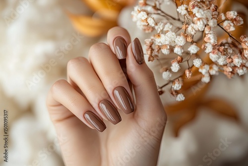 Close-up of a hand with elegant, autumn-toned nails