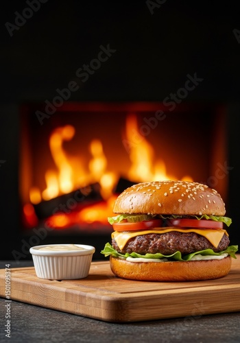 Photo of a Gourmet Burger with Cheese and Sesame Seed Bun on Wooden Board