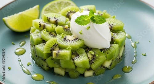 Photo of a Gourmet Kiwi Dessert with Mint and Lime on a Green Plate