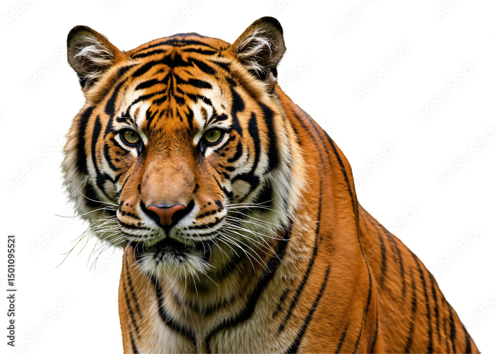 Obraz premium Majestic Tiger Staring Directly at the Viewer, Exhibiting Its Striking Orange-and-Black Striped Fur Against a Dark Background in a Close-Up Perspective