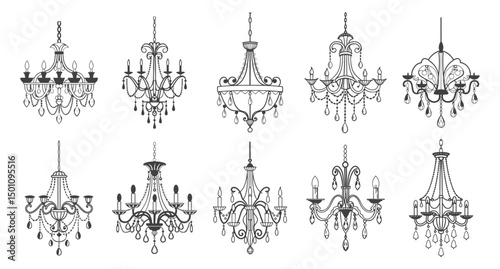Collection of various chandeliers. Hand drawn illustration of antique crystal chandeliers. Sketch drawing of antique lighting equipment.