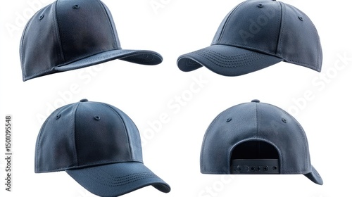 Four views of a dark-blue baseball cap, showcasing front, side, and back details